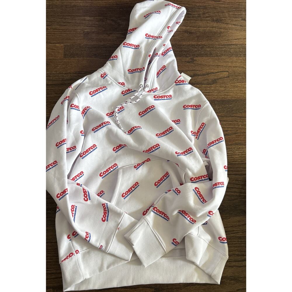 Kirkland Costco Logo All Over Print Hoodie Mens Medium Pullover White